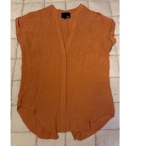 Kaii Women Orange Short Sleeve Blouse Lightweight Button Front Top, Size L